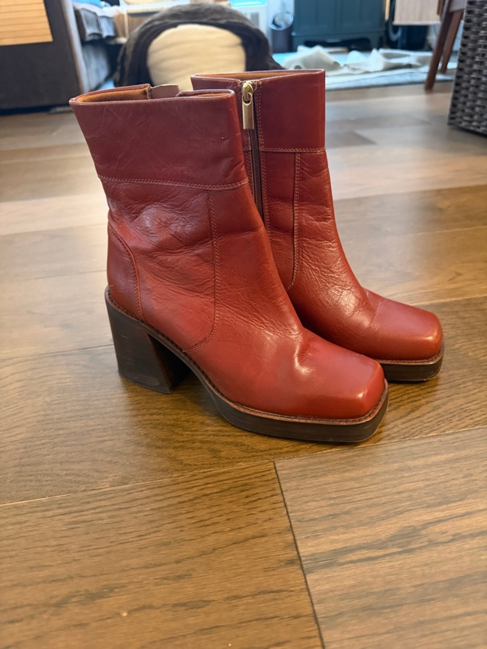 Steve Madden Red Leather Block Heel Ankle Boots